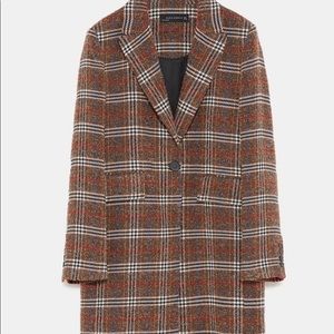 ZARA Longline Checkered Brown Coat | XS